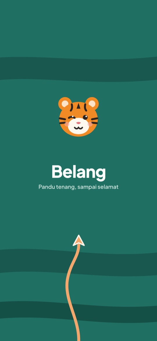 Launch screen: Si Belang, a cartoon tiger, above the word Belang and the line 'Pandu tenang, sampai selamat'.